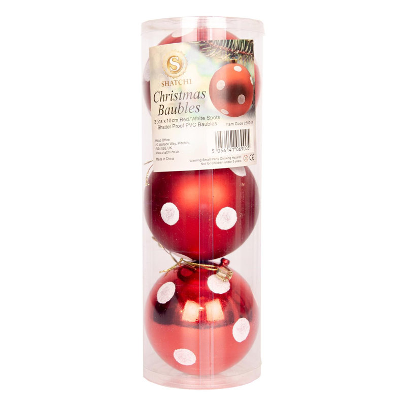 Christmas Bauble Set, Shatterproof Red and White Polka Dot Tree Decorations, 3 Pieces, 10cm H x 10cm W x 10cm D