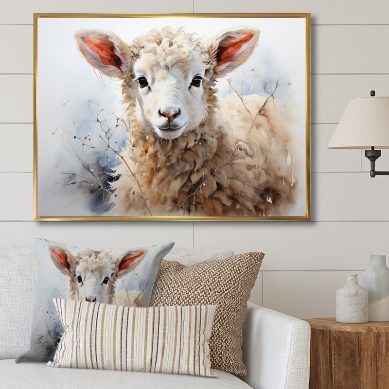Mouton beige en hiver sur toile, Cadre flottant doré, H 34 po x l 44 po x P 1,5 po