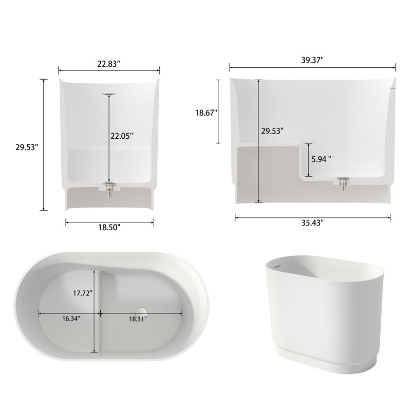 39'' X 23'' Freestanding Soaking Solid Surface Bathtub For Small Space, Matte White