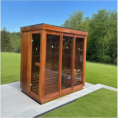 Outdoor Corner Steam Sauna for 2-4 Person, Canadian Red Cedar, 6KW ETL Harvia Heater, Modern Sauna Box with Waterproof Asphalt Tiles, Left Door, 220V (0-195℉)