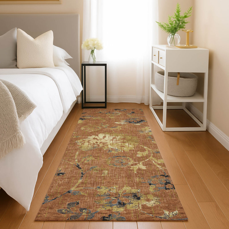 Machine Washable Indoor/Outdoor Chantille ACN2616 Floral Rug, 2'3" x 7'6" Runner, Paprika