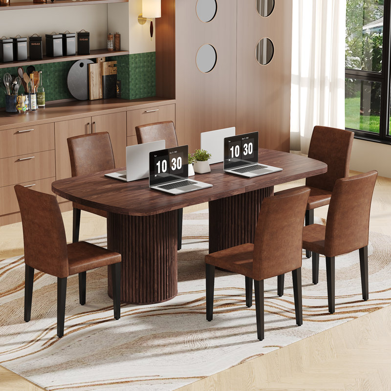 Large Farmhouse Kitchen Dinning Table Set Double Robust Pedestal, Brown Wood/Brown Wood, Brown, 9 Pieces: Table, 8 Chairs