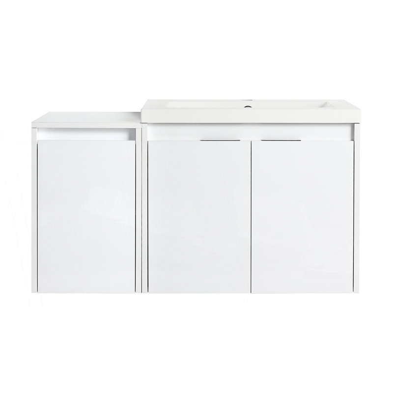 Meuble-lavabo de salle de bain avec lavabo en résine, 2 portes à fermeture douce et 1 armoire latérale