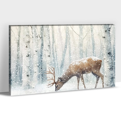 Hiver, neige, cerf, reproduction d'art sur toile, peinture de paysage de forêt de bouleaux pour le salon, bureau de chambre à coucher, art mural de Noël, affiche rustique, prêt à accrocher, 12 po x 18 po