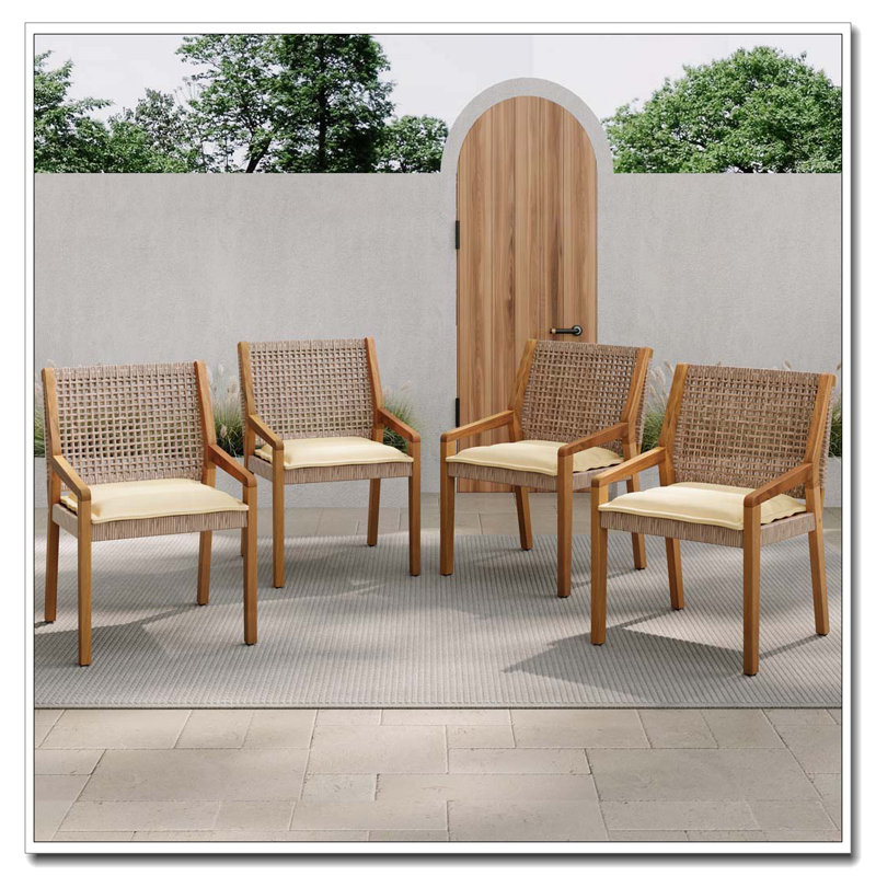 Ensemble de 4 chaises d'extérieur avec coussin en bois d'acacia, osier et crème