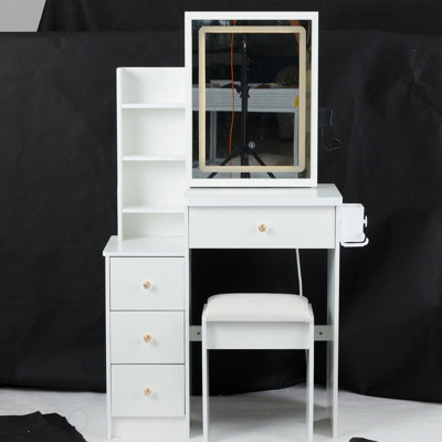 Petite coiffeuse de 29,2 po avec tabouret de chevet gauche + tabouret rembourré, centrale électrique 2 AC + 2 USB, support pour séchoir à cheveux, très grand miroir coulissant à commande tactile, changement de luminosité tricolore, réglage de la luminosité