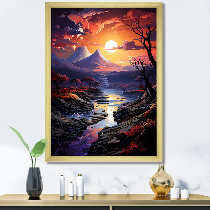 Volcan, crépuscule volcanique sur toile, Cadre doré simple, H 40 po x l 30 po x P 1,5 po