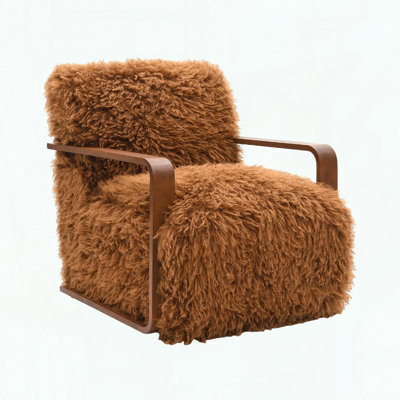 Retro Curve Wood Arm Accent Chair, Short Faux Fur & Pocketed Coils