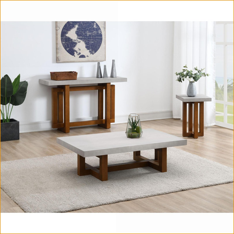 Table basse moderne en faux béton avec base en noyer - Légère et amp; Stable pour le salon