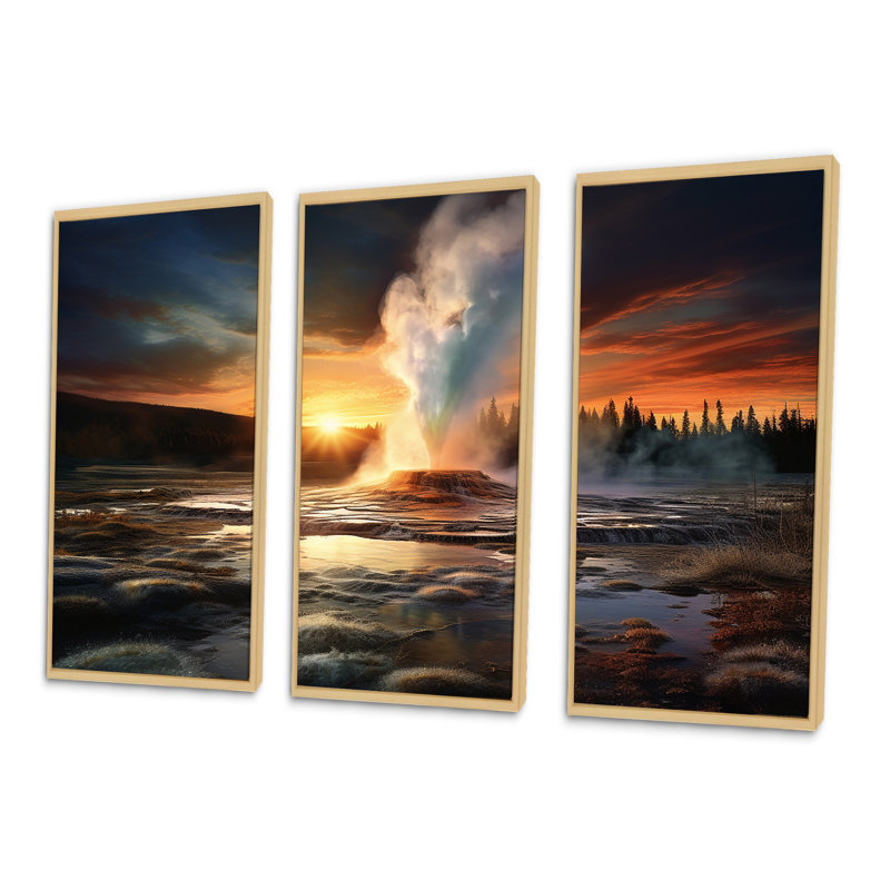 Volcanic Eruption At Sunset II - Geyser, ensemble d'art sur toile, Cadre naturel flottant, H 32 po x l 48 po x P 1 po