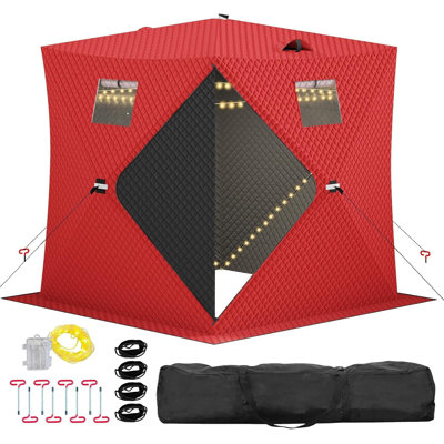 Pop Up Ice Fishing Shelter Tent with 49ft LED Light Strip，Fits 2-3 People，25 sq ft Fishable Area，Red