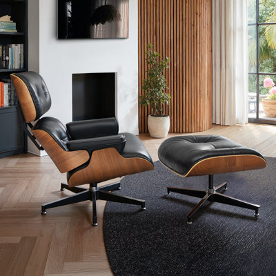 Genuine Leather Chaise Lounge Chair With Ottoman, 360° Swivel Accent Chair For Living Room (Two packages)