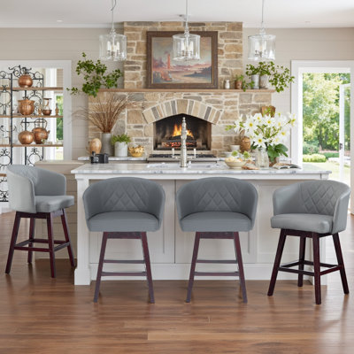 Set Of 2 Swivel Bar Stools, Faux Leather Upholstered Counter Barstools With Solid Wood Legs For Kitchen Island