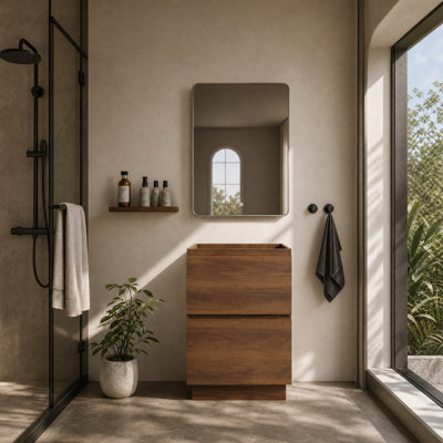 24 Inch Bathroom Vanity Base with Double Drawers, Freestanding Storage Cabinet, Brown Finish Engineered Wood for Small Bathroom
