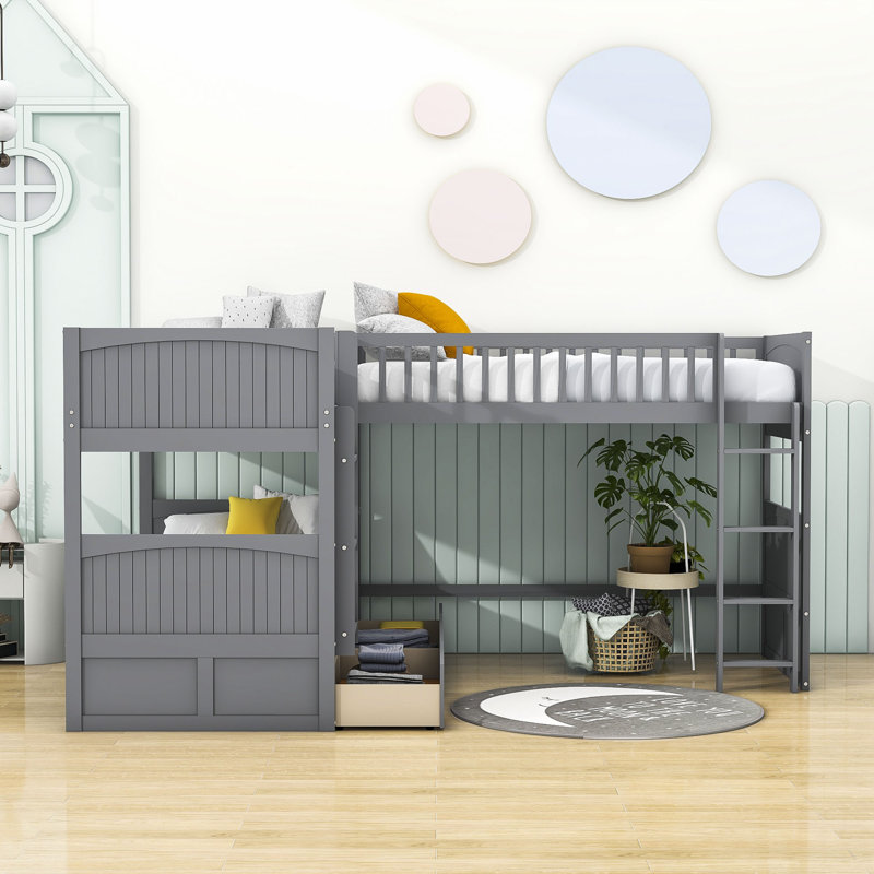 Addley Kids Twin Over Twin Over Twin Bunk Bed with Drawers, Gray