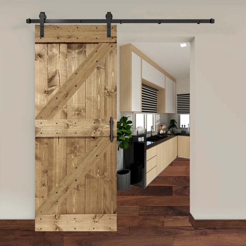Porte de grange coulissante en bois de pin avec trousse de quincaillerie d'installation, Café Kona, 44 po x 84 po
