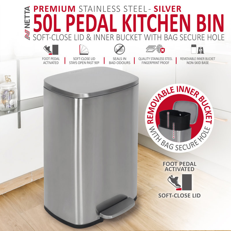 Stainless Steel Step On Kitchen Trash Can - 50L, Silver
