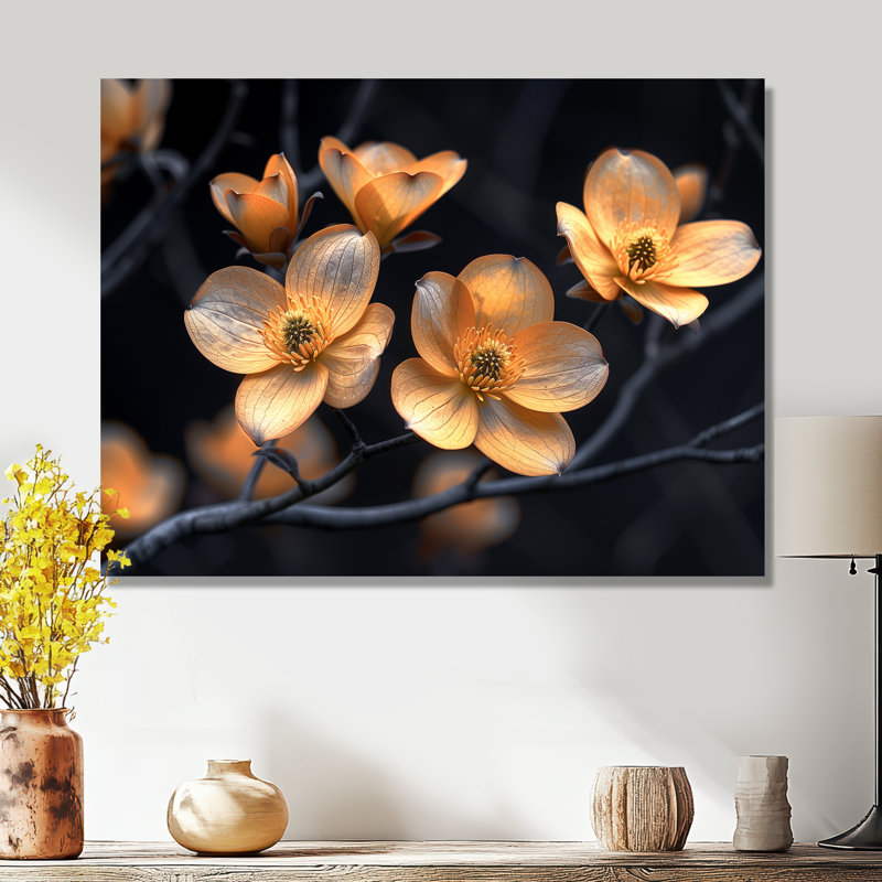 Jaune doré noir heure lumineuse Dogwood I - cornouiller, Métal métal, 12" H x 20" W