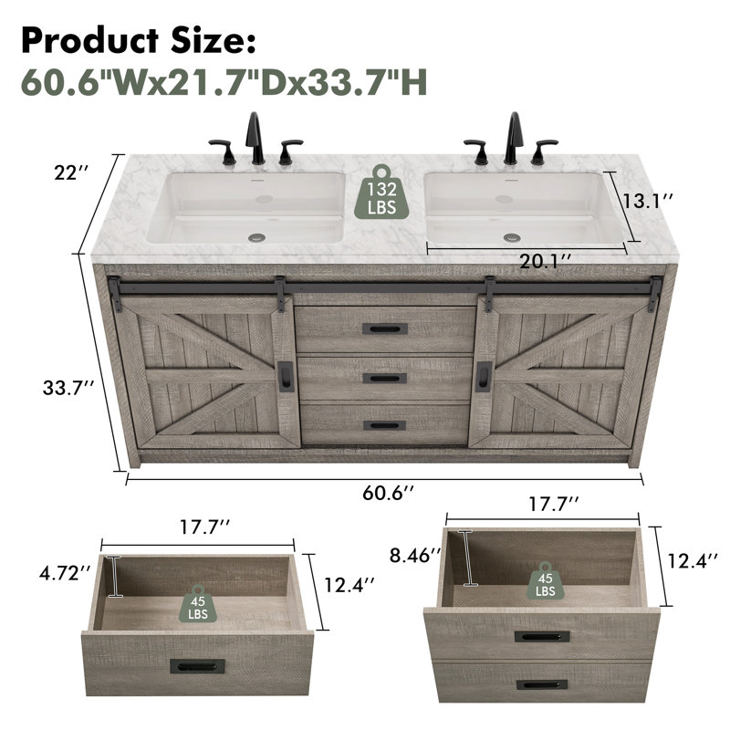 Meuble-lavabo à double cuve 60 "Gray Gris rustique, Grey