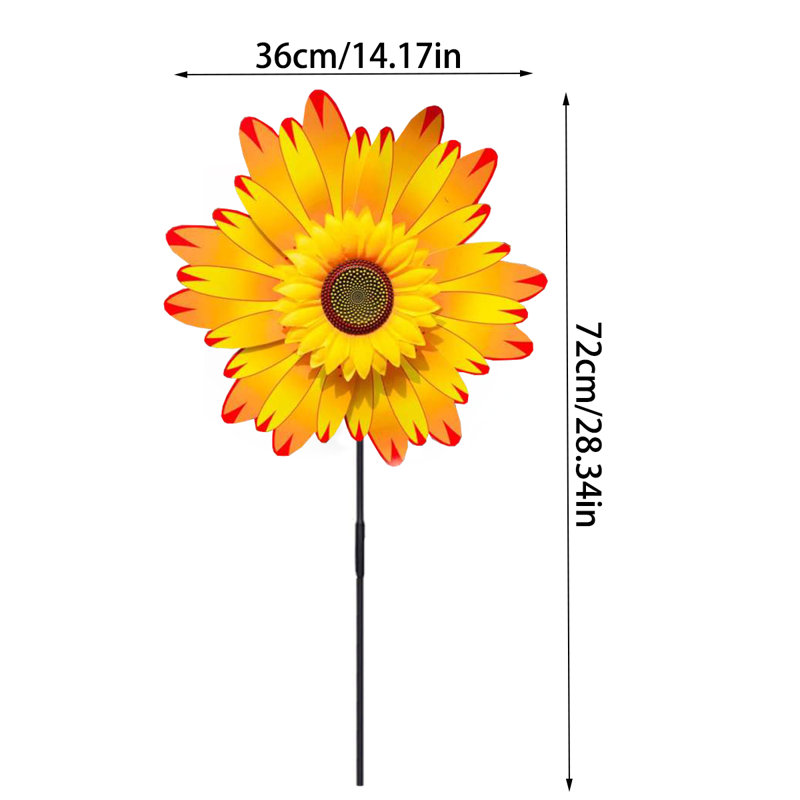 Moulin à vent de tournesol de 14 po de diamètre avec accessoires, décoration de jardin extérieur, jaune orange