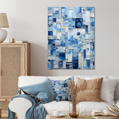 «Blue and White Botanical Tiles I», art mural en métal abstrait