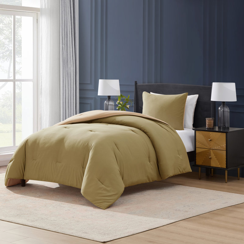 Ensemble d'édredon réversible ultra doux 2 pièces, Kaki / beige, Édredon pour lit simple + 1 taie décorative stan
