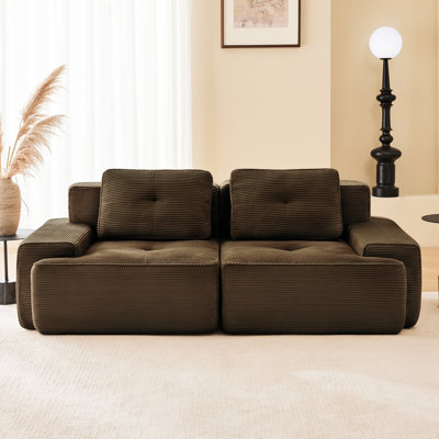 Canapé modulaire 82 po en velours côtelé brun 82 po pour le salon, sans assemblage, avec passepoil, passepoil perlé, siège profond, courbé, forme ergonomique, tissu pour pièce souple, base