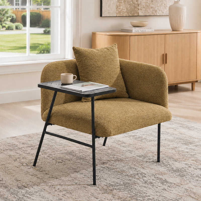 Canapé simple rembourré de détente moderne avec petit dossier de table intégré, pieds en métal et poches latérales pour le salon, la chambre et le jardin