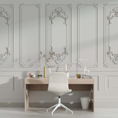 Panneau mural blanc classique | Papier peint aspect moulure française | Non-tissé ou pelez et collez