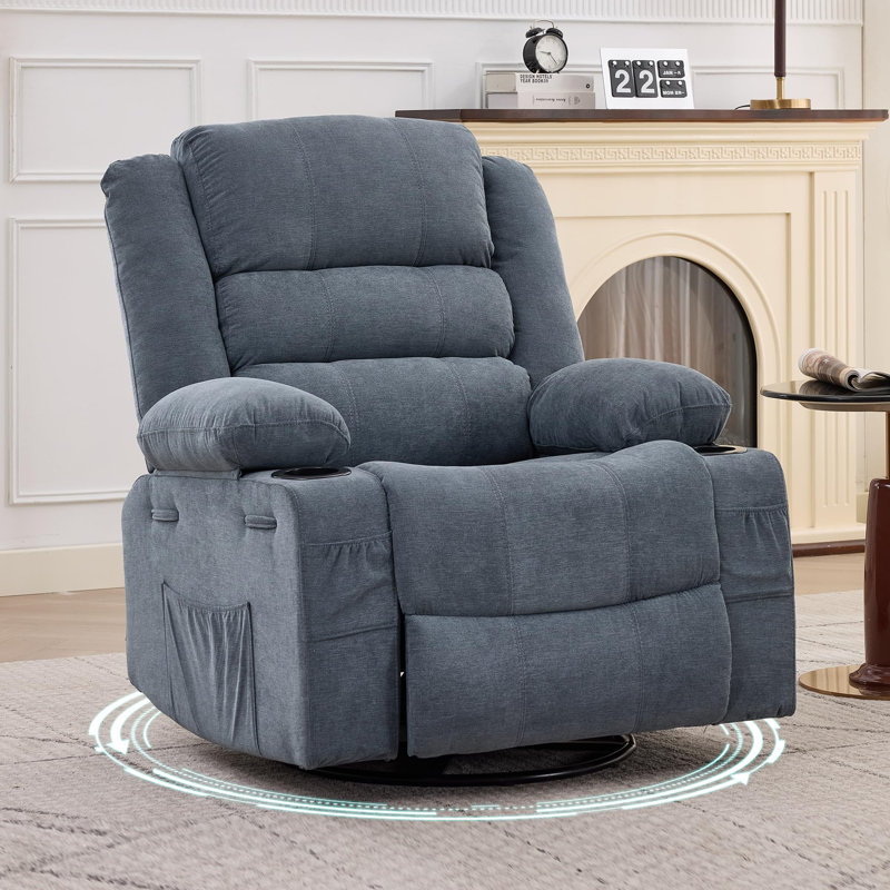 360° Swivel Rocker Recliner with Cup Holders & Pockets for Adults, Blue Linen Blend