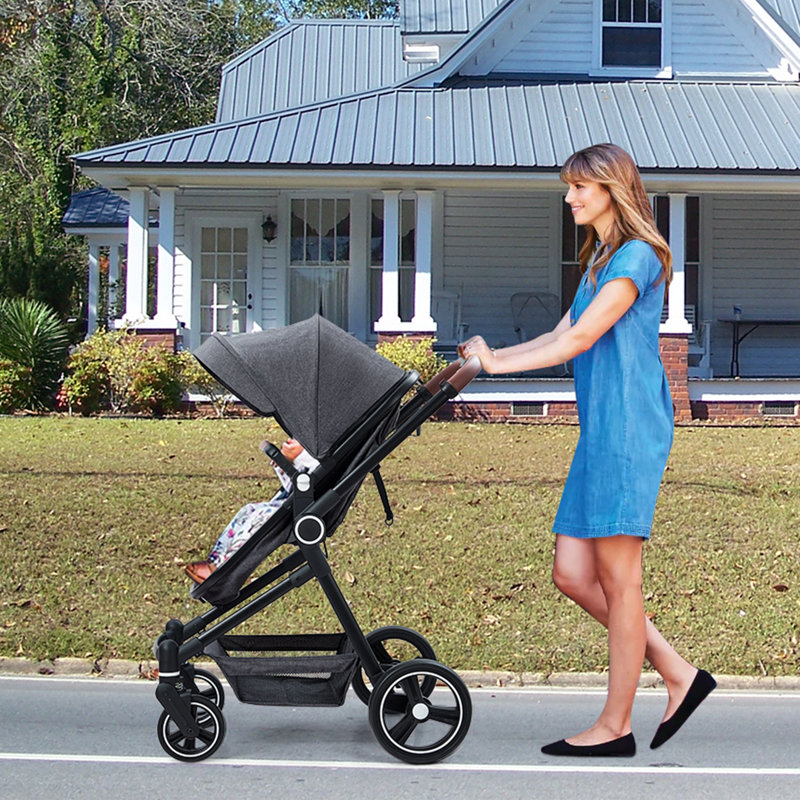 2-in-1 Reversible Baby Stroller and Bassinet – Lightweight Pushchair for Newborns & Toddlers, One-Hand Fold, Large Storage Basket, Reclining Seat, Extra-Large Canopy, Shock Absorbing, Cup Holder – Dark Gray
