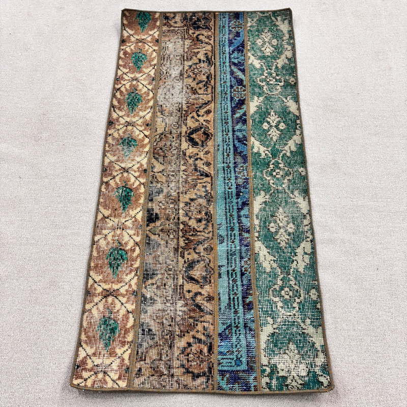 25.2x52 Inch Green Wool Patchwork Rug, Small Patchwork Rug