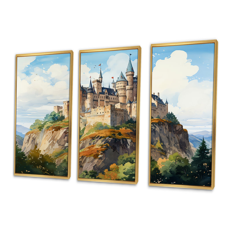 Ancien château dans les montagnes, harmonie - châteaux, art mural, Cadre flottant doré, H 28 po x l 36 po x P 1 po