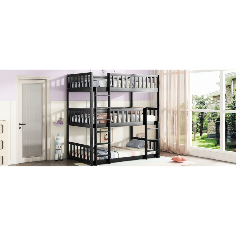 Triple lit superposé noir - fabriqué en bois d'hévéa robuste avec lit détachable optionnel, avec fonction et garde-corps pour