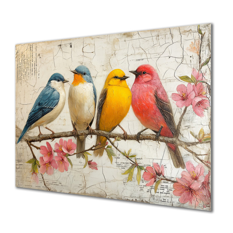 Rose, rose, oiseaux, branche, relaxation II, art mural, salon, Sans cadre, H 16 po x l 32 po