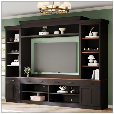 Farmhouse 4-Piece Entertainment Center with Bookshelf, TV Stand, and Wine Rack for TVs Up to 70 Inches, Mid-Century Media Console