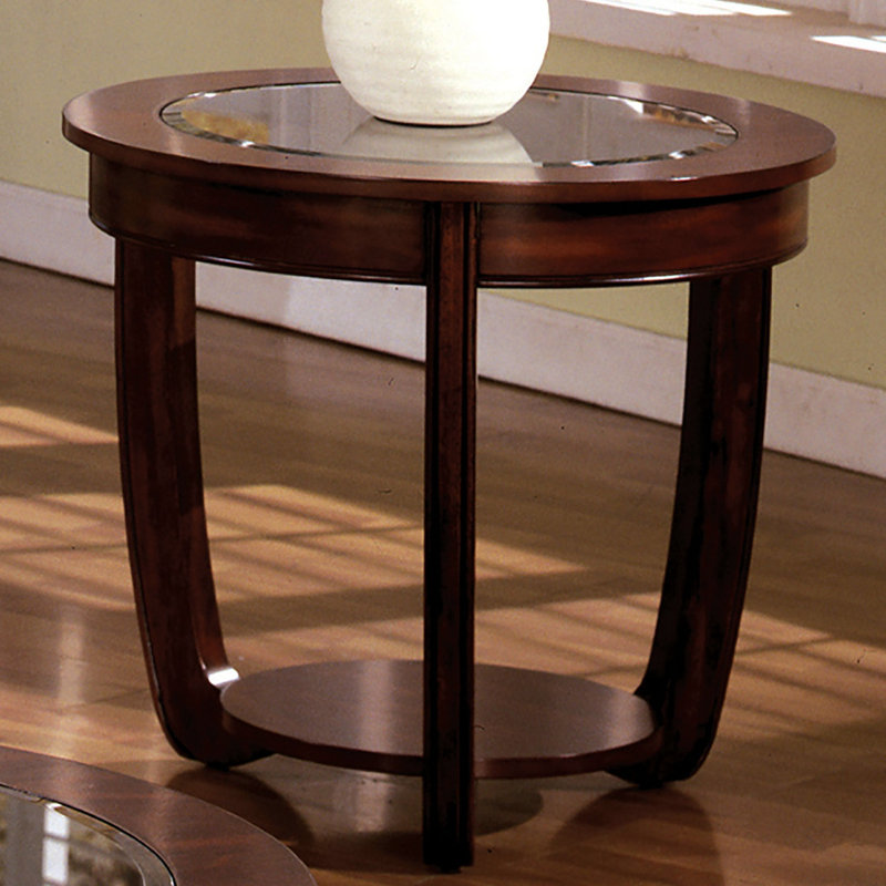 Table de bout cerisier foncé en bois d'hévéa avec plateau en verre biseauté et tablette classique