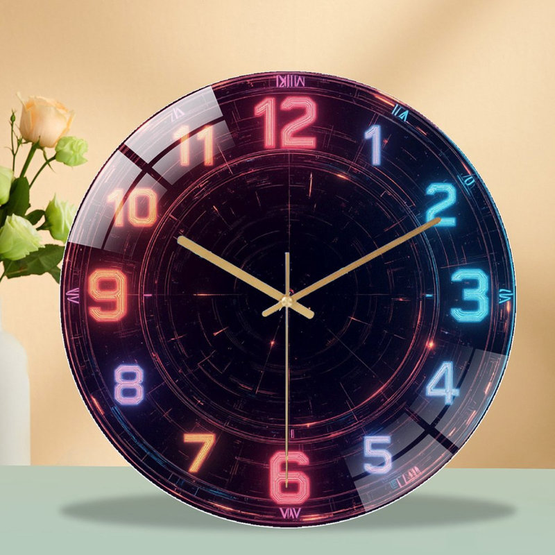Neon Digital Clock Wall Decor with LED Lights Art - 12'' Modern Glass Wall Clock
