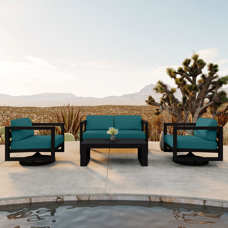 Avion 4 Piece Loveseat Set With Swivel, Spectrum Indigo Sunbrella®, Black