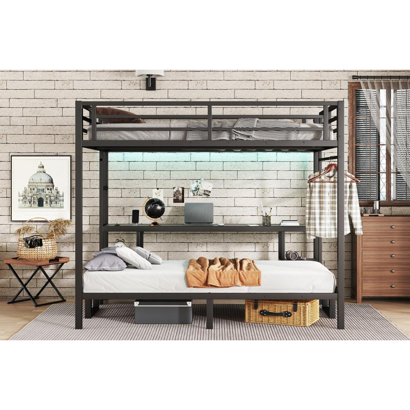 Twin XL Metal Bunk/Loft Bed | Convertible to Sofa, LED + USB, Desk & Shelves | Black Multifunctional Design