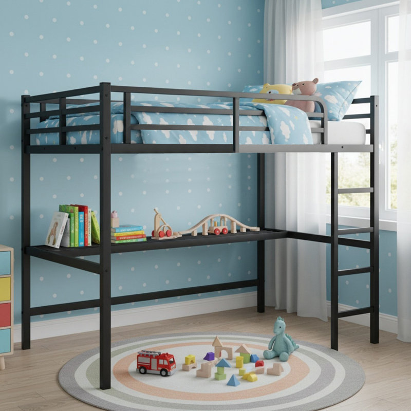 Metal Queen Size Loft Bed with Power Outlet and LED Lighted for Bedroom, Black