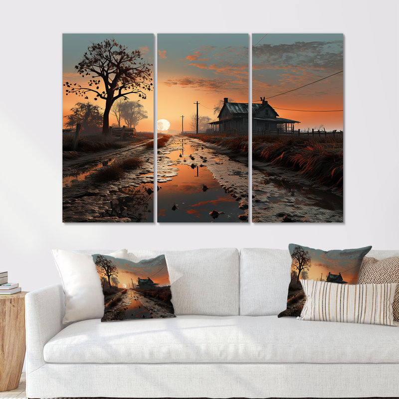 «Sunrise Countryside Farm Unveilé I», ensemble d'art sur toile, H 40 po x l 60 po x P 1 po