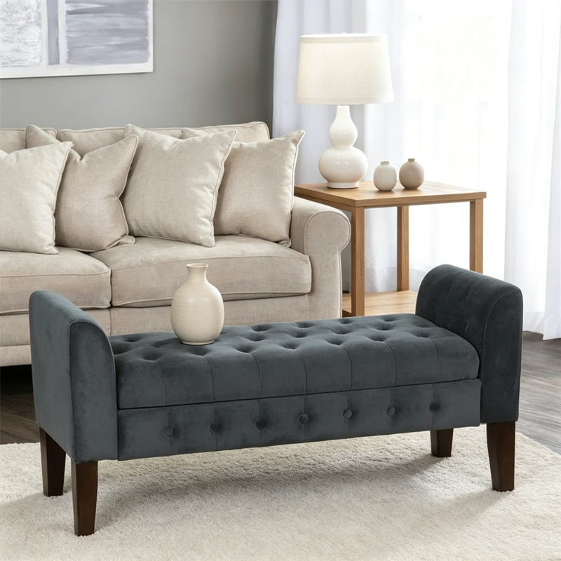 Banc de rangement en velours capitonné avec couvercle à charnière pour le salon, le vestibule, la chambre à coucher, gris foncé