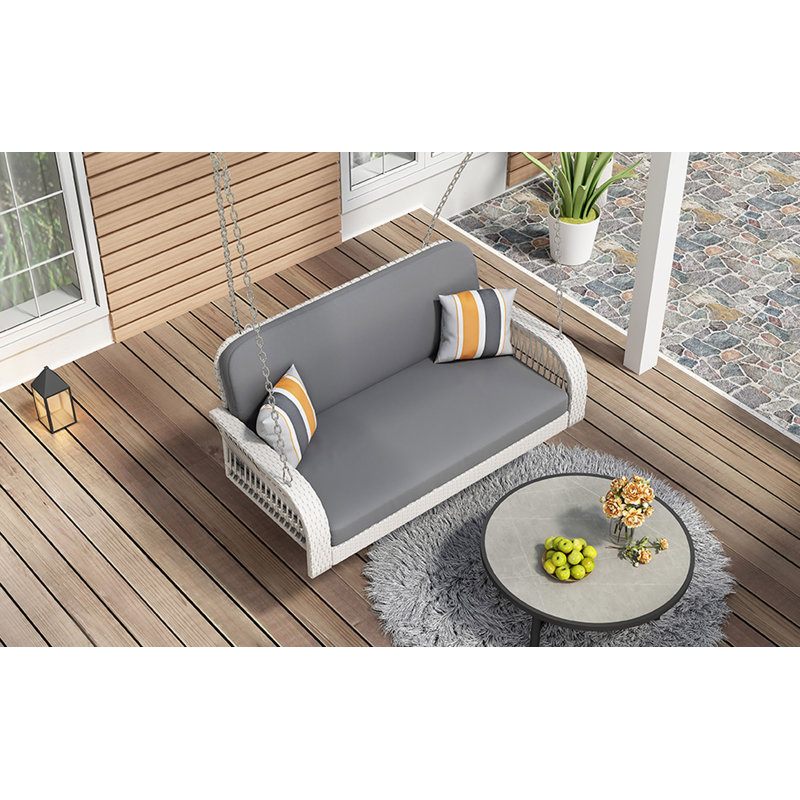 Winston Porter GO PE Wicker Porch Swing, 2-Seater Hanging Bench With Chains, Patio Furniture Swing For Backyard Garden Poolside