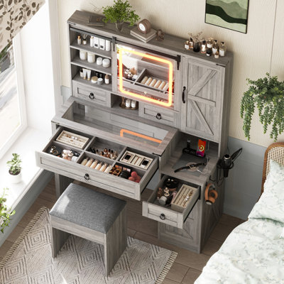 Bureau de coiffeuse avec miroir coulissant et lumières Farmhouse, ensemble de coiffeuse avec plateau en verre et station de charge, coiffeuse avec 4 tiroirs et 2 armoires, coiffeuse avec tabouret pour chambre à coucher
