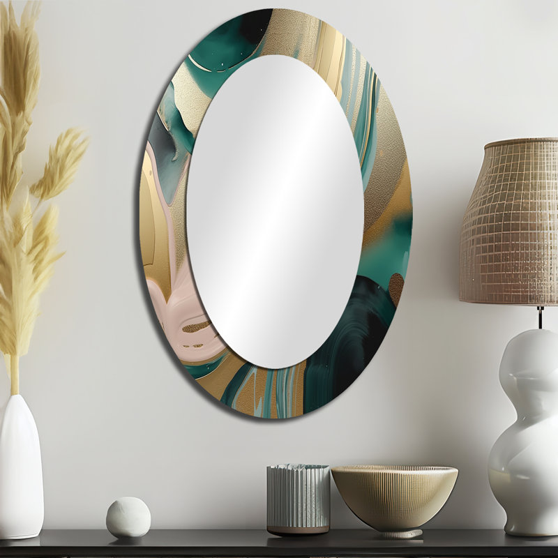 Or et vert marbré Euphoria V - miroir mural ovale moderne, 36 po x 24 po