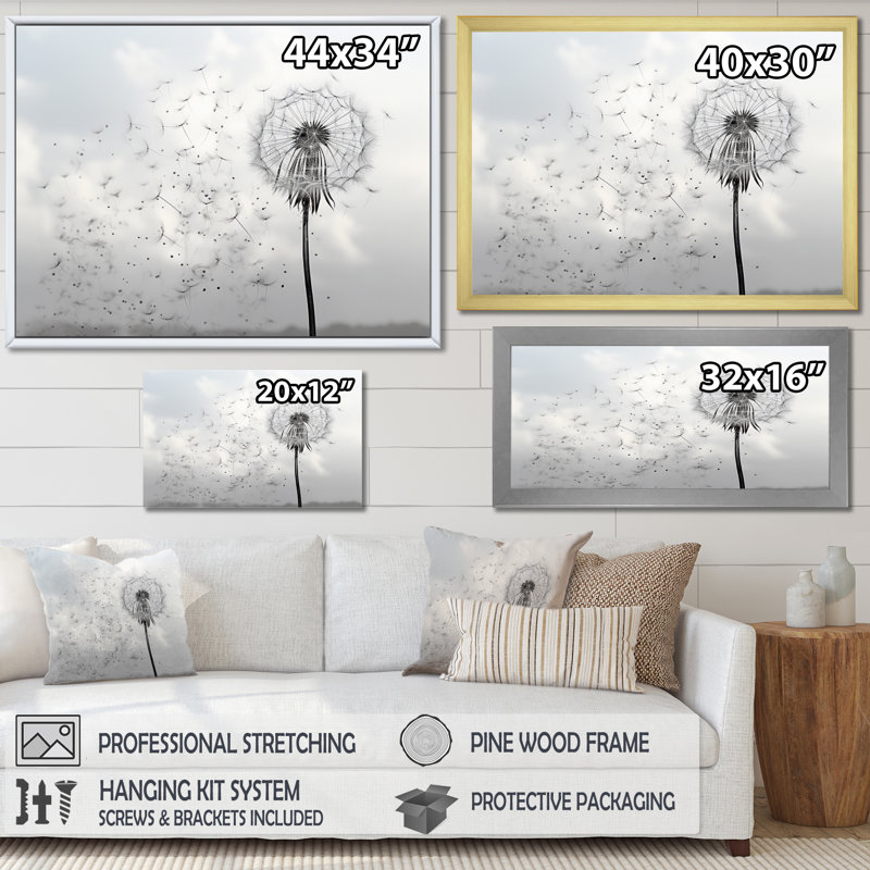 «Minimalims Dandelion Natures Fragility II», art mural encadré pissenlit, H 16 po x l 32 po x P 1 po, Brown Floater Framed