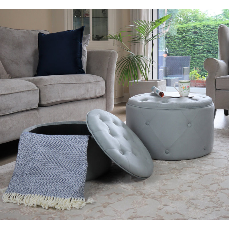 Pyatt Velvet Tufted Round Solid Colour Standard Ottoman with Storage, Light Grey