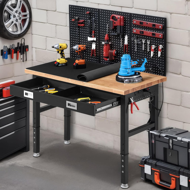 Établi de travail avec rangement Établis réglables avec tiroir pour garage Établi de garage à dessus en bois d'hévéa avec panneau perforé, prises de courant