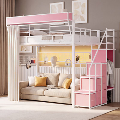 Lit mezzanine moderne avec barrière de sécurité haute, escalier de rangement, tête de lit et armoire, lit mezzanine en bois avec éclairage DEL, étagères et tiroirs ouverts, facile à assembler soi-même